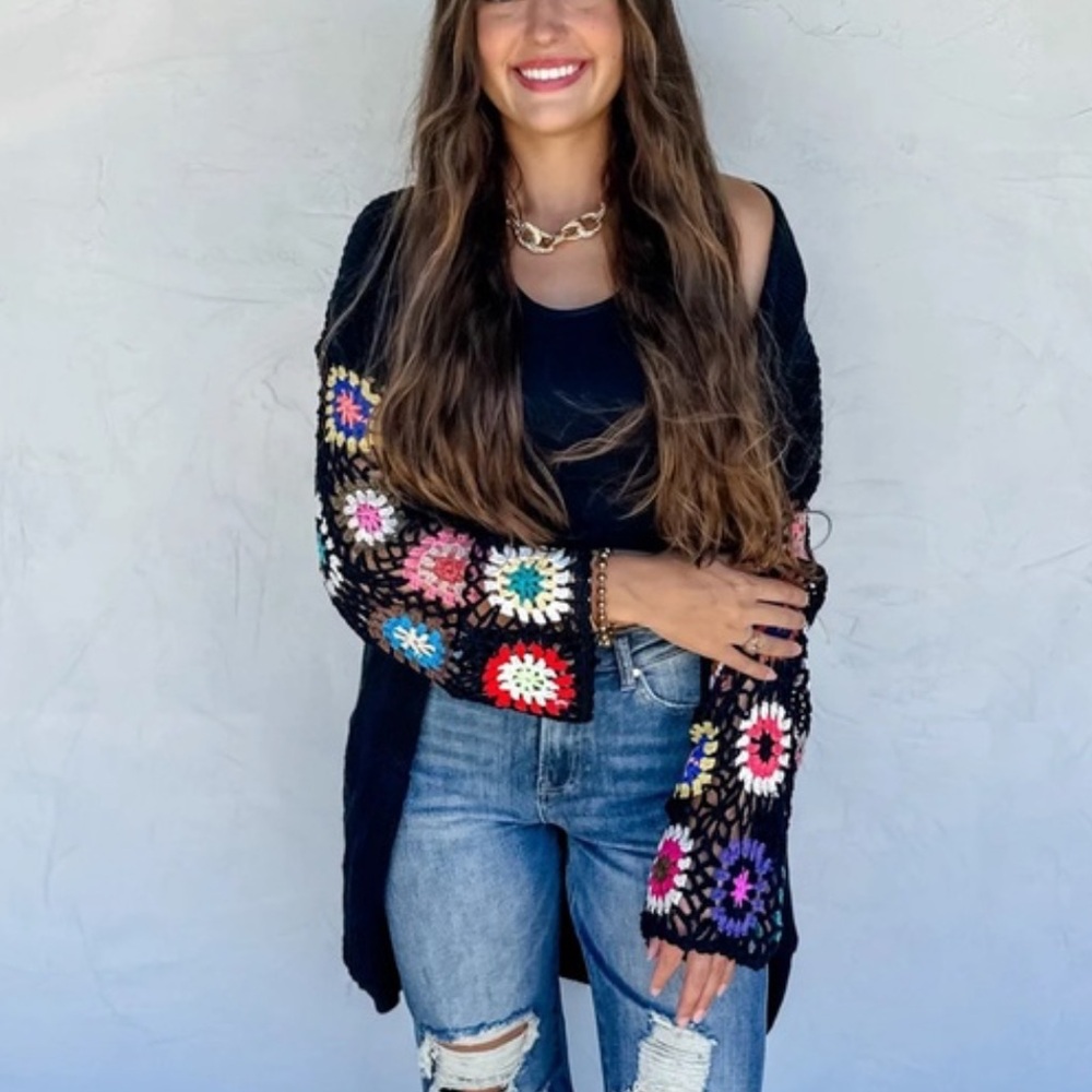 Blakely Black Women's Longline Open Cardigan Boho Sweater with Crochet Sleeve S